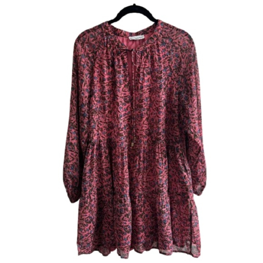 Karina Grimaldi Mia Pink Blue Floral Lurex Long Sleeve Tiered Dress Boho Fall